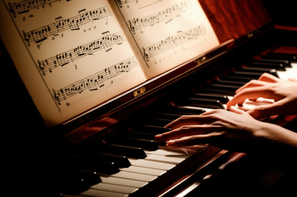 Maos tocando piano com partitura aberta